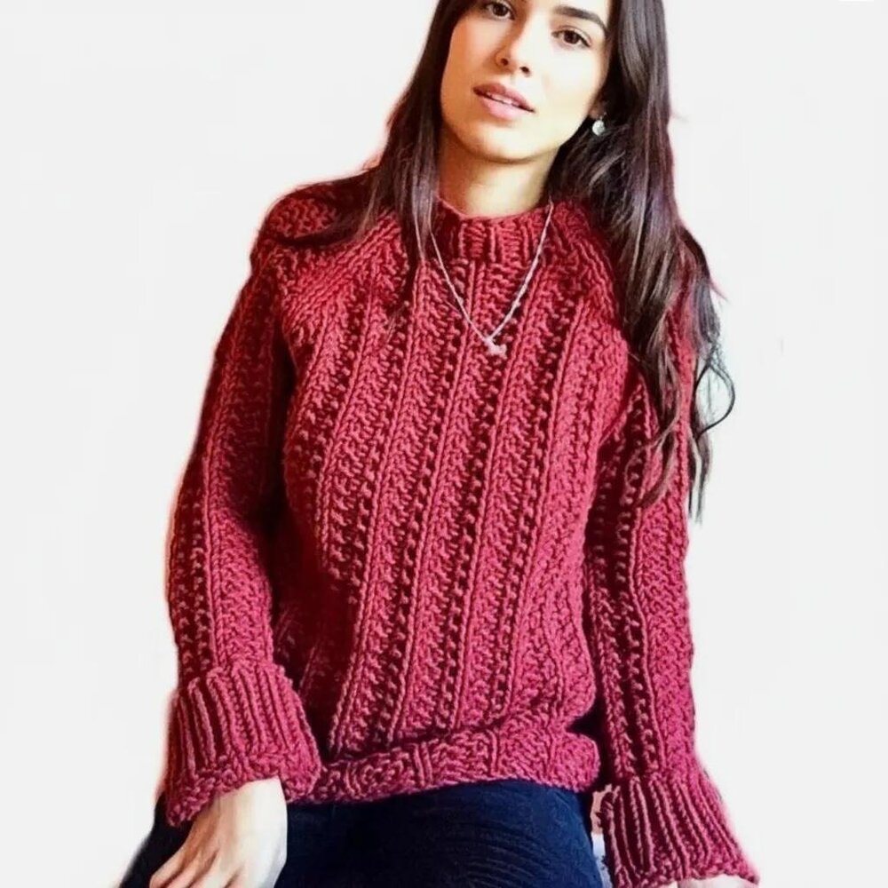 J. Crew Women's Knit By Hand Chunky Trend Knit Pullover Sweater Burgundy Red XS - Picture 2 of 12